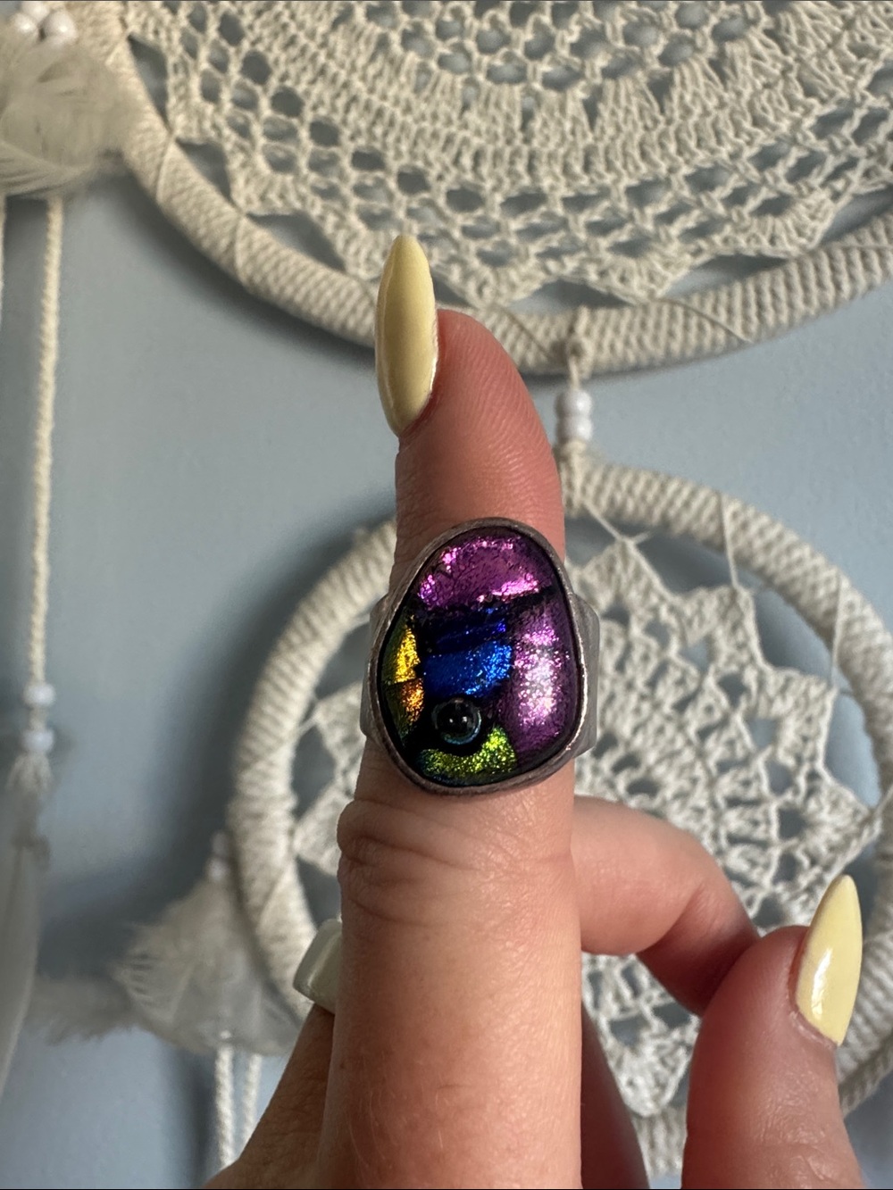 Colorful Dichroic Glass Statement Ring - Purple, Blue, Green, Gold